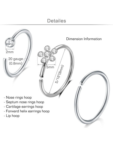 Anillos de Nariz MODRSA 20g Acero Quirúrgico 12pcs Plata