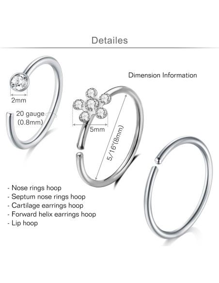 Anillos de Nariz MODRSA 20g Acero Quirúrgico 12pcs Plata