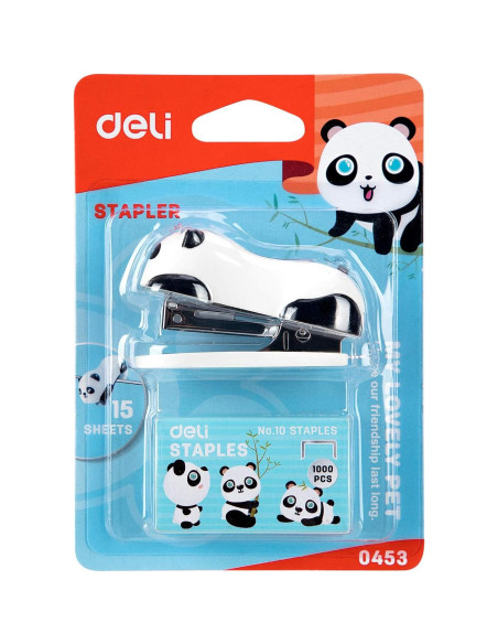 Grapadora Mini Deli Panda con 1000 Grapas y Removedor
