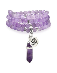 Mala Japa de 108 Cuentas Amatista con Colgante Om y Prisma