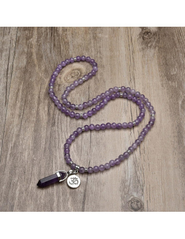 Mala Japa de 108 Cuentas Amatista con Colgante Om y Prisma