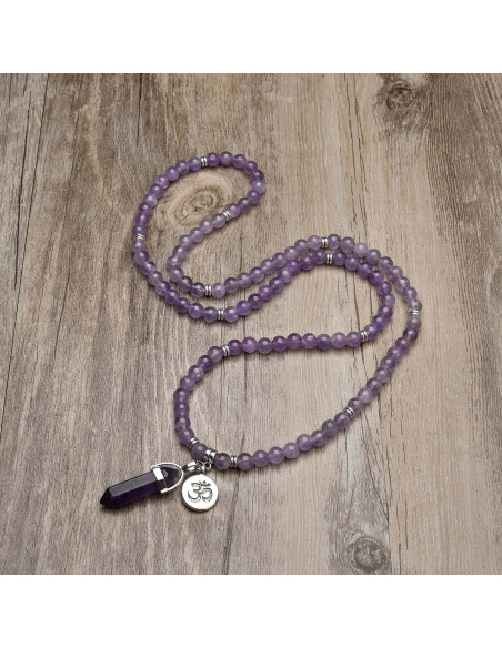 Mala Japa de 108 Cuentas Amatista con Colgante Om y Prisma