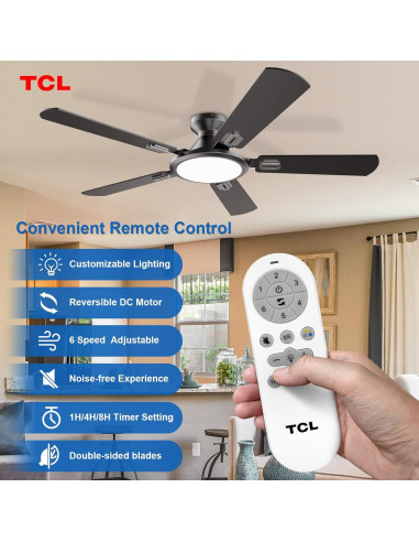 Ventilador de Techo TCL HFSB-60000AD 52" Negro con Luz LED y Control Remoto