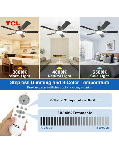 Ventilador de Techo TCL HFSB-60000AD 52" Negro con Luz LED y Control Remoto