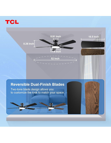 Ventilador de Techo TCL HFSB-60000AD 52" Negro con Luz LED y Control Remoto