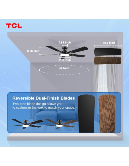 Ventilador de Techo TCL HFSB-60000AD 52" Negro con Luz LED y Control Remoto