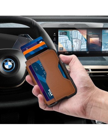 Billetera delgada Tizmuo marrón con bloqueo RFID y clip