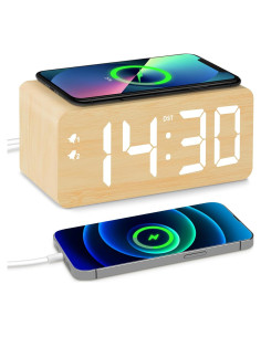 Reloj Despertador Digital URAYCO de Madera Bamboo 10W Carga Inalámbrica