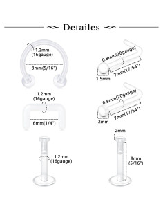 Anillos y Studs Transparentes MODRSA - Retenedores de Piercing 16g 18g 20g 2