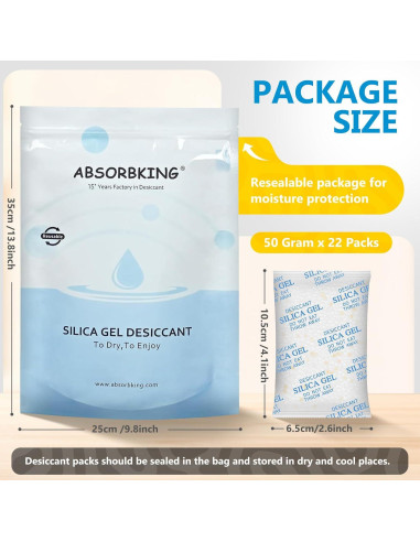 Absorbentes de Humedad Gel de Sílice 50g - 22 Paquetes