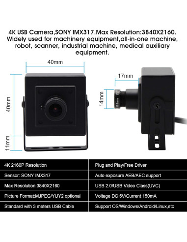 Cámara USB 4K IEights con lente gran angular 3.6mm