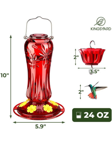 Alimentador de Colibríes de Vidrio Kingsyard 25 oz Rojo con Trampa