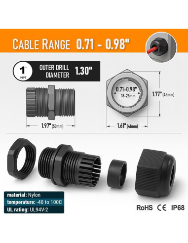 Glands de Cable Nylon MGI 1" NPT 2-Pack Resistente al Agua