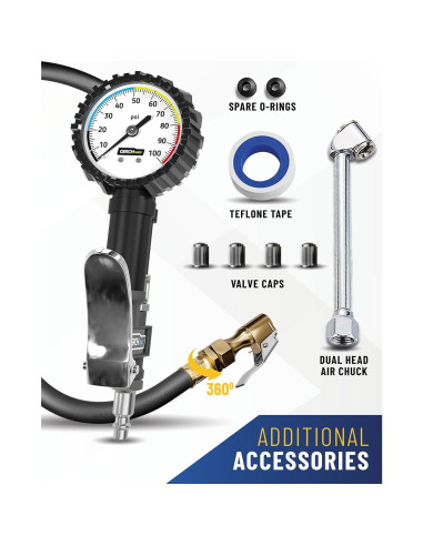 Inflador de Neumáticos Gerchway con Manómetro 100 PSI y Manguera Larga