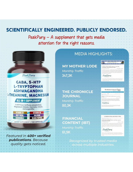 Suplemento GABA 5-HTP PeakPury 150 Cápsulas Vegano