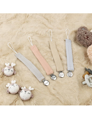 Clip de Chupete Suave Unisex - 4 Piezas Azul, Lino y Acero