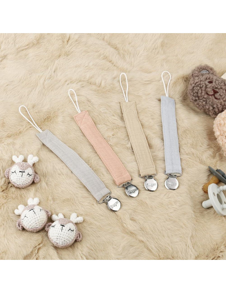 Clip de Chupete Suave Unisex - 4 Piezas Azul, Lino y Acero