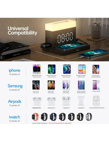 Cargador Inalámbrico 6 en 1 Smsasoeo con Reloj y Luz Nocturna