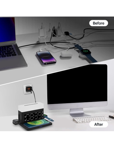 Cargador Inalámbrico 6 en 1 Smsasoeo con Reloj y Luz Nocturna