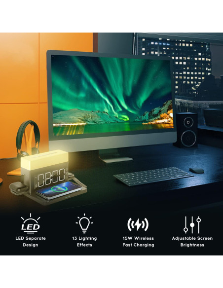 Cargador Inalámbrico 6 en 1 Smsasoeo con Reloj y Luz Nocturna