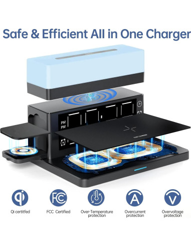 Cargador Inalámbrico 6 en 1 Smsasoeo con Reloj y Luz Nocturna