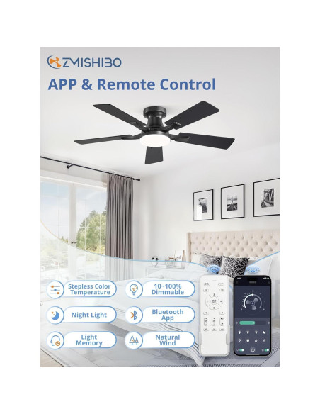 Ventilador de Techo ZMISHIBO 42" con Luz LED y Control Remoto