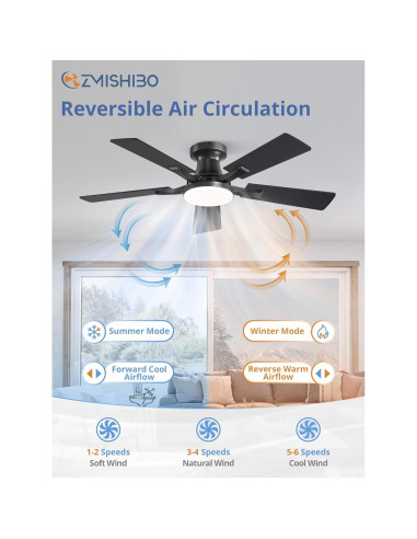 Ventilador de Techo ZMISHIBO 42" con Luz LED y Control Remoto