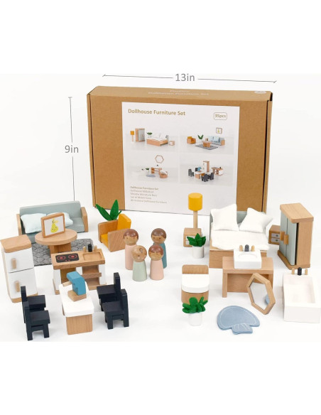 Juego de Muebles de Casa de Muñecas PairPear - 35 Piezas de Madera Juego de Muebles de Casa de Muñecas PairPear - 35 Piezas de Madera