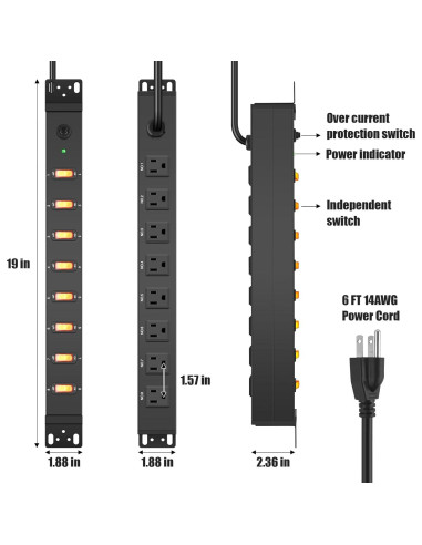 Regleta de Alimentación HHSOET 1U Montable en Rack 8 Salidas