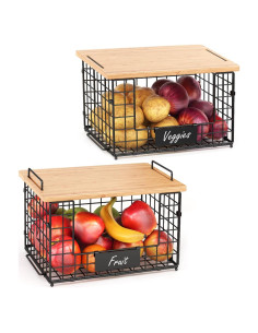 Cestas Apilables de Alambre XL keomaisyto con Tapa de Bambú