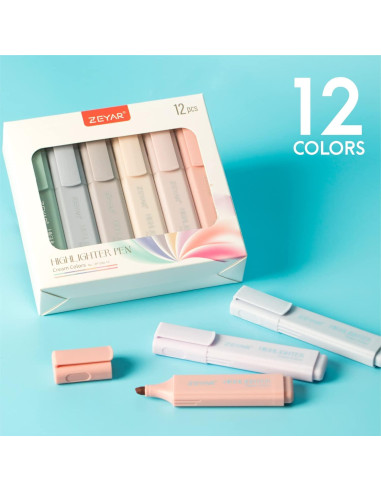Resaltadores estéticos ZEYAR, 12 colores crema, punta biselada
