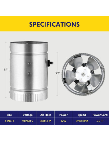 Ventilador de Conducto Inline iPower 4" 100 CFM Bajo Ruido