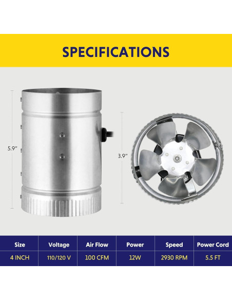 Ventilador de Conducto Inline iPower 4" 100 CFM Bajo Ruido