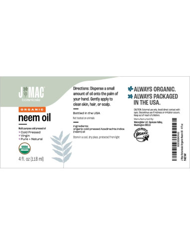 Aceite de Neem Orgánico J Mac Botanicals 118 ml Puro para Piel y Cabello