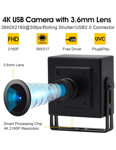 Cámara USB 4K IEights con lente gran angular 3.6mm