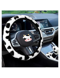 Funda de Volante Peluda SuperKaKa - Impresión de Vaca Negra