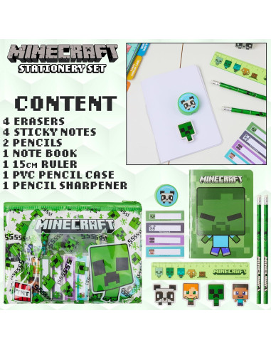 Estuche de Lápices Minecraft Verde con Set de Papelería Escolar