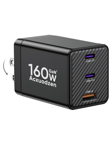 Cargador USB C 160W Acxuodzen 3 Puertos Rápido QC3.0 Negro