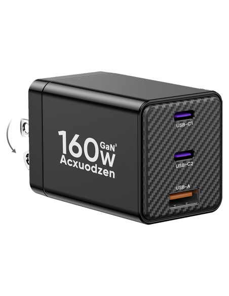 Cargador USB C 160W Acxuodzen 3 Puertos Rápido QC3.0 Negro