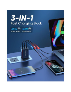 Cargador USB C 160W Acxuodzen 3 Puertos Rápido QC3.0 Negro 2