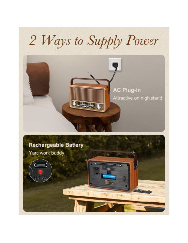 Radio Portátil Vintage PRUNUS J-120 AM FM Bluetooth 1800mAh