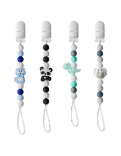 4 Clips de Chupete de Silicona para Bebés - Panda, Dinosaurio, Elefante, Mapache