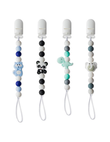 4 Clips de Chupete de Silicona para Bebés - Panda, Dinosaurio, Elefante, Mapache