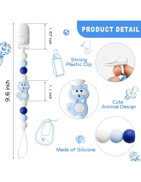 4 Clips de Chupete de Silicona para Bebés - Panda, Dinosaurio, Elefante, Mapache