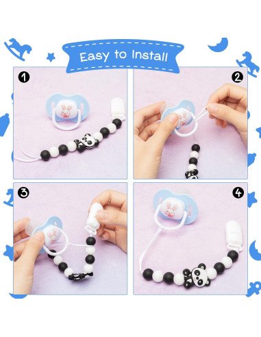 4 Clips de Chupete de Silicona para Bebés - Panda, Dinosaurio, Elefante, Mapache