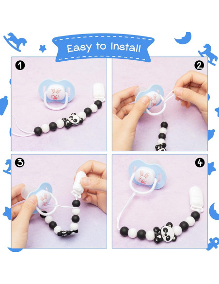 4 Clips de Chupete de Silicona para Bebés - Panda, Dinosaurio, Elefante, Mapache