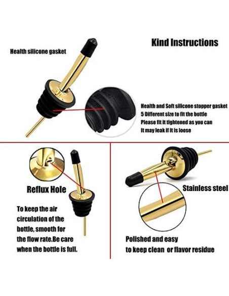 24 Vertedores de Licor Acero Inoxidable Dorado con Tapas