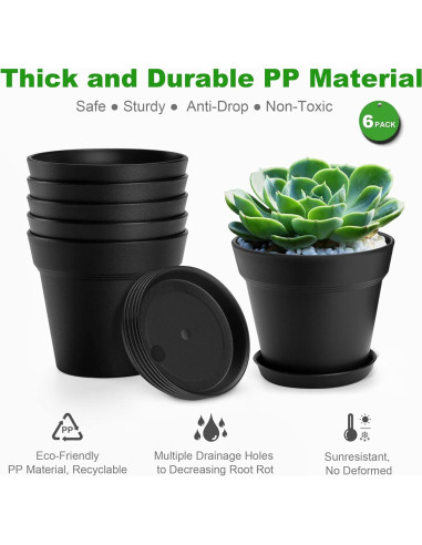 Macetas de Plástico 4 Pulgadas FHWTY - 6 Paquete con Bandeja