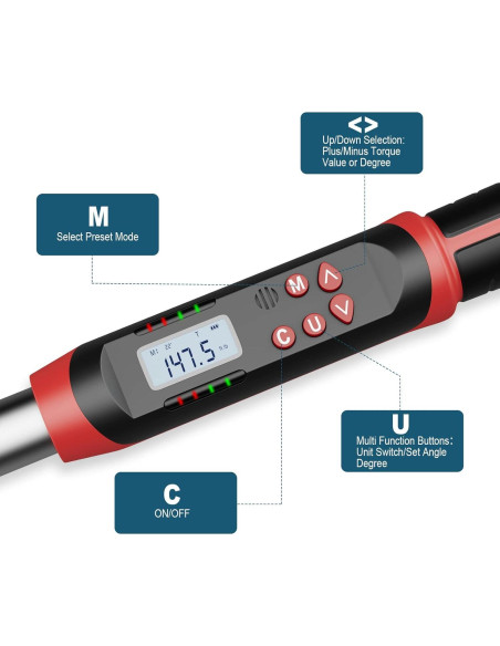 Llave de Torque Digital Leolee 1/2" 10-200 Nm con Alerta LED