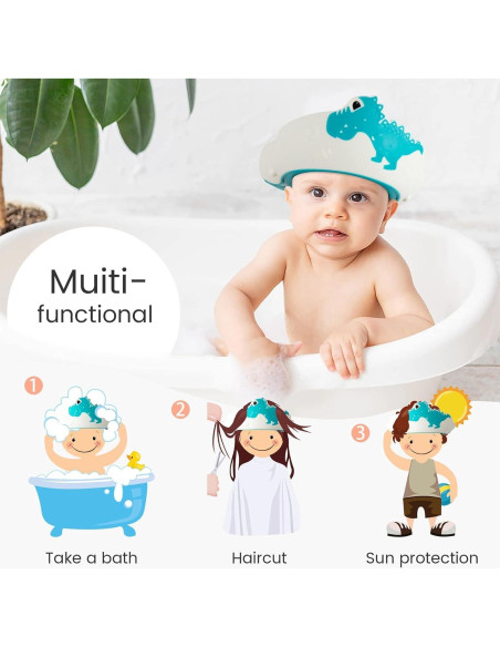 Gorro de Ducha para Bebés FUNUPUP Ajustable Dinosaurio Azul